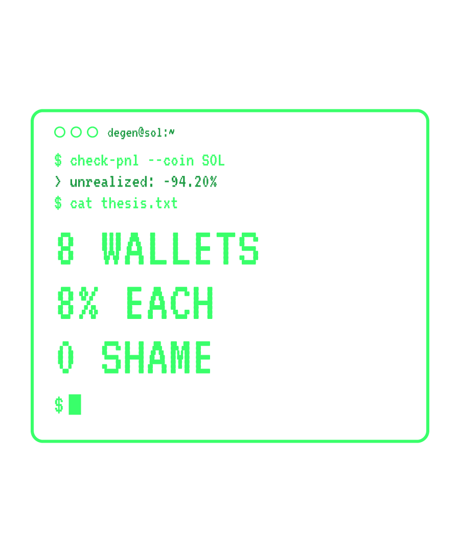 SOL “8 WALLETS 8% EACH 0 SHAME” design